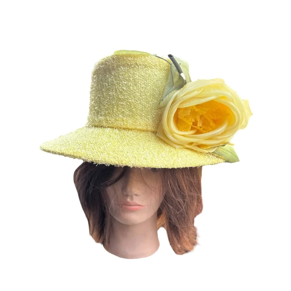 Vintage Style Yellow Boucle Tweed Cloche Hat Large Silk Rose Floral Church Derby